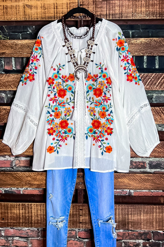 Give Me Good Times Boho Ivory Embroidered Floral Tunic