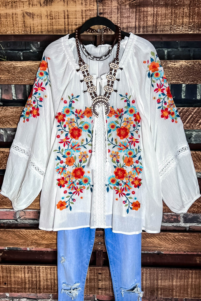 Give Me Good Times Boho Ivory Embroidered Floral Tunic