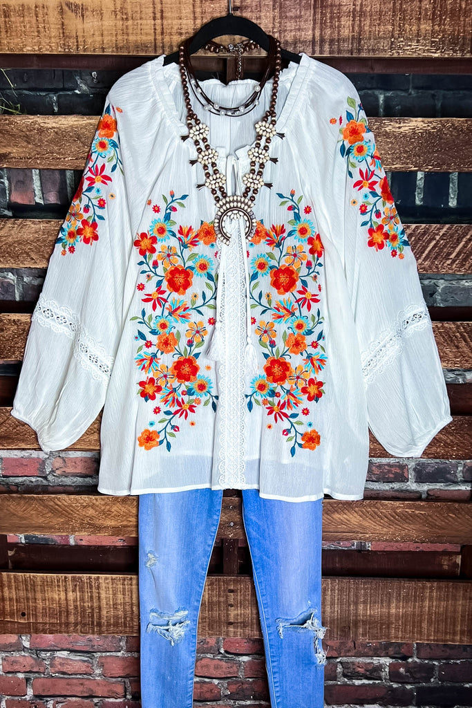 Give Me Good Times Boho Ivory Embroidered Floral Tunic