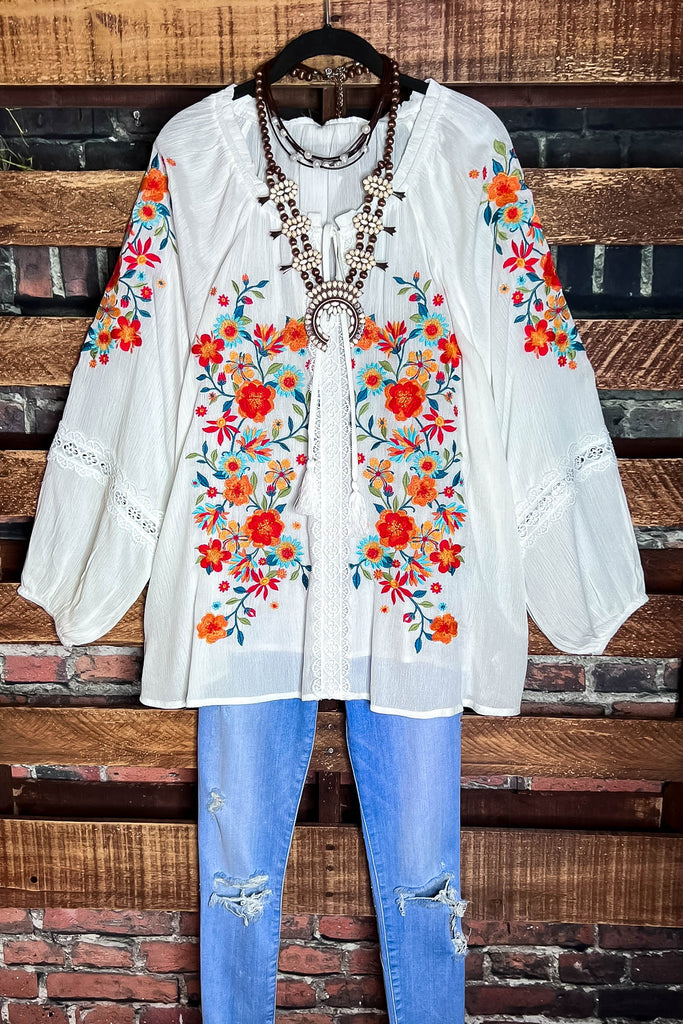 Give Me Good Times Boho Ivory Embroidered Floral Tunic