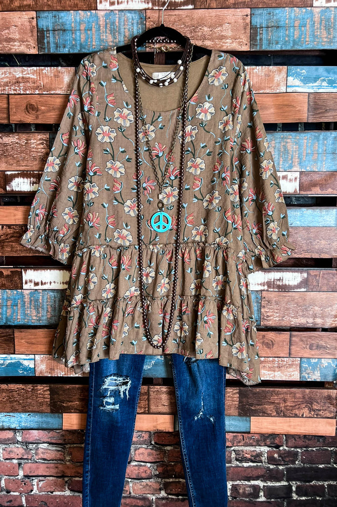 Enchanting Memory Floral Boho-Peasant Tunic in Mocha