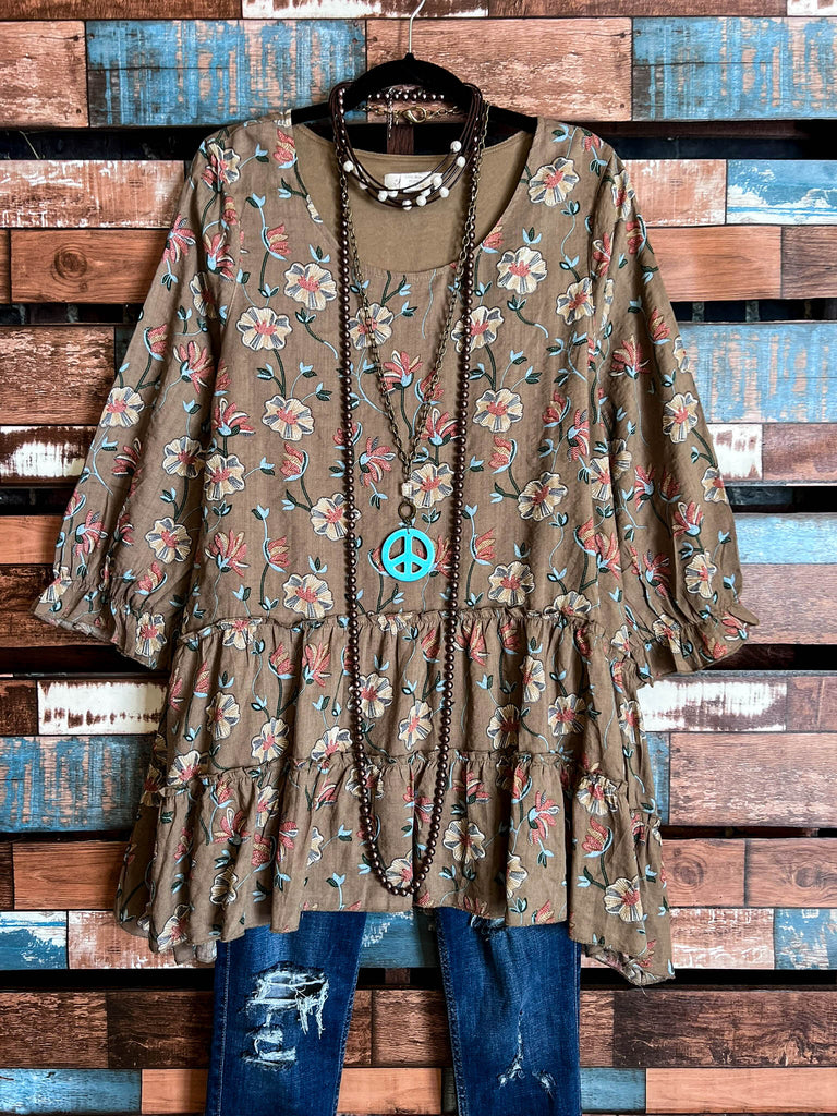 Enchanting Memory Floral Boho-Peasant Tunic in Mocha