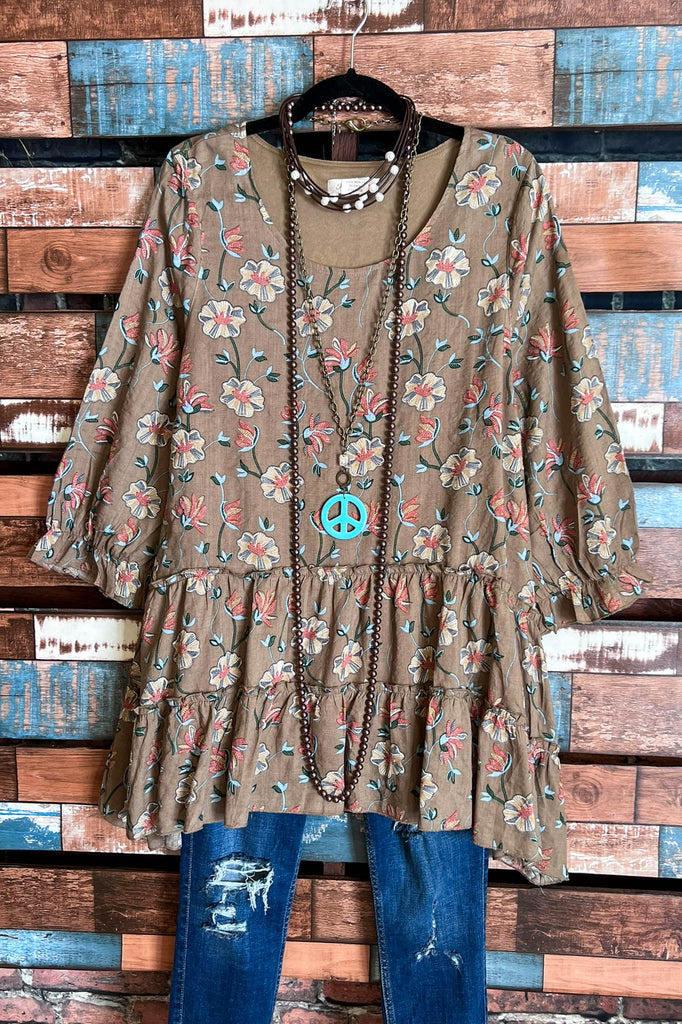 Enchanting Memory Floral Boho-Peasant Tunic in Mocha