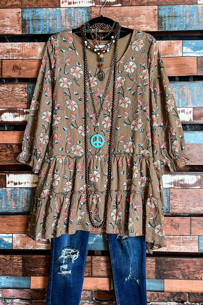 Enchanting Memory Floral Boho-Peasant Tunic in Mocha