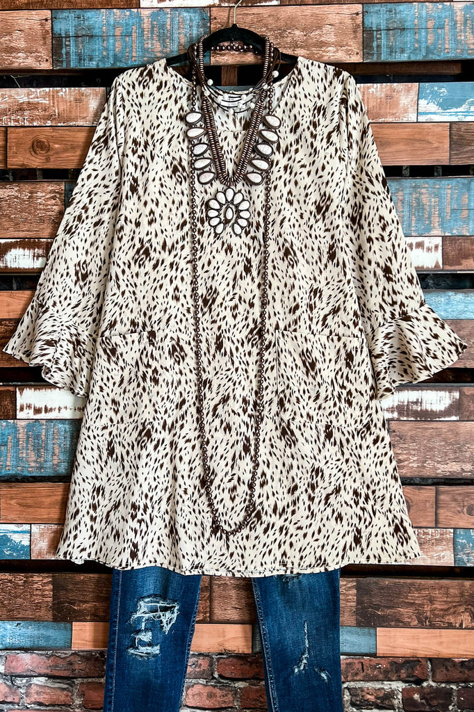 ALWAYS STUNNING ANIMAL PRINT TUNIC POCKETS IN BEIGE & BROWN