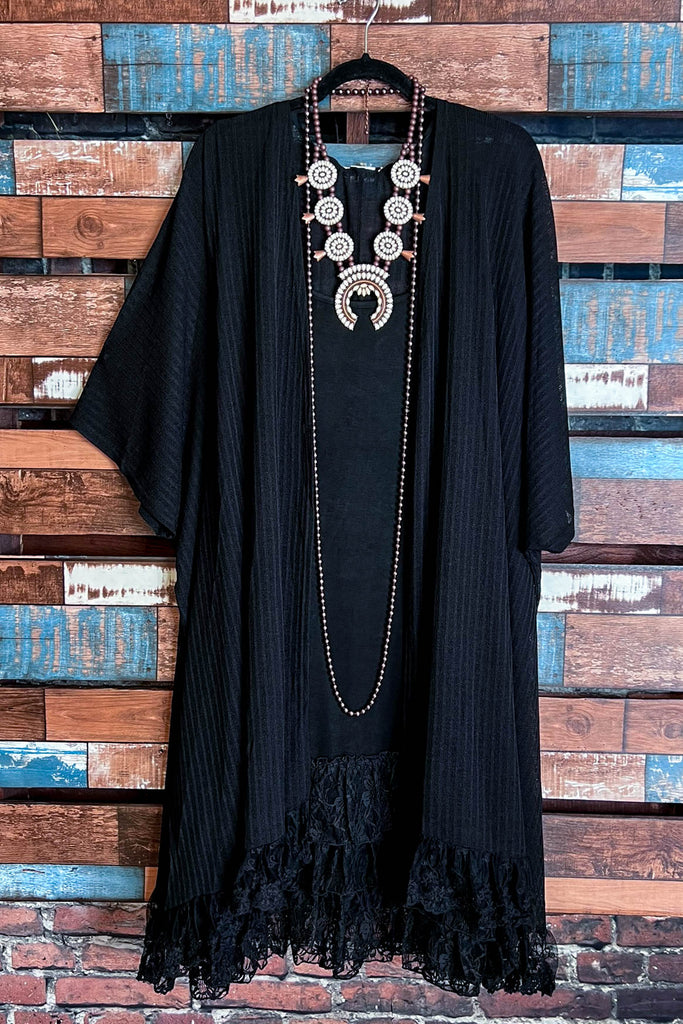 ALWAYS PRETTY BLACK LACE RUFFLE EMBELLISHED KIMONO