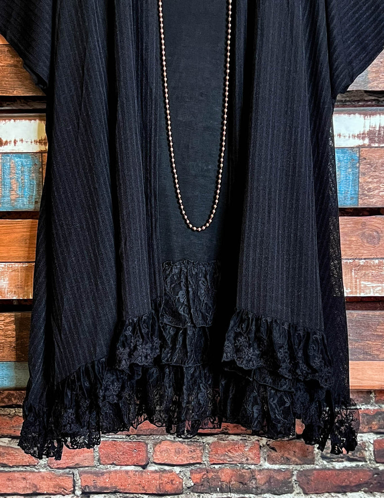 ALWAYS PRETTY BLACK LACE RUFFLE EMBELLISHED KIMONO