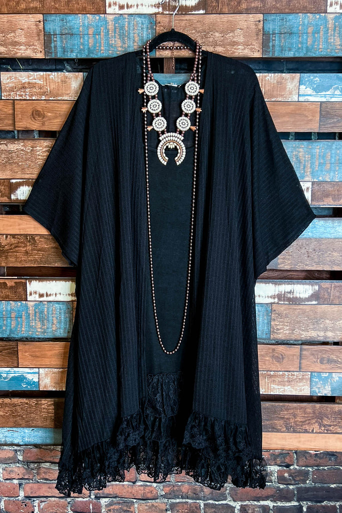 ALWAYS PRETTY BLACK LACE RUFFLE EMBELLISHED KIMONO