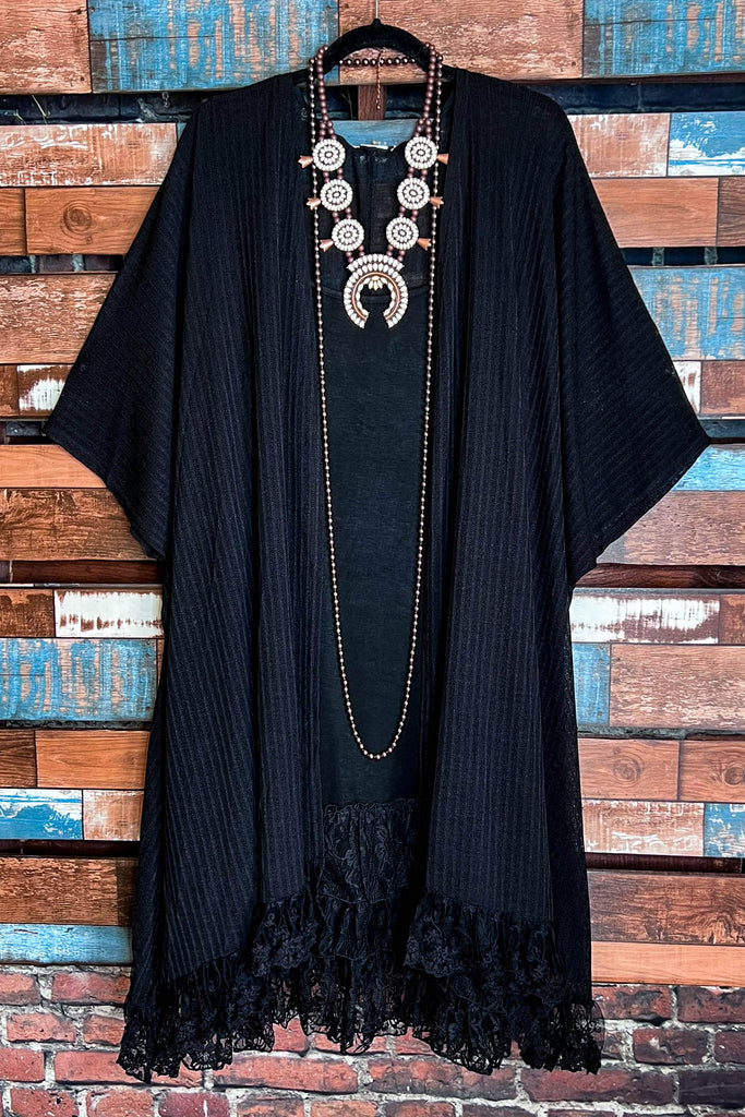 ALWAYS PRETTY BLACK LACE RUFFLE EMBELLISHED KIMONO