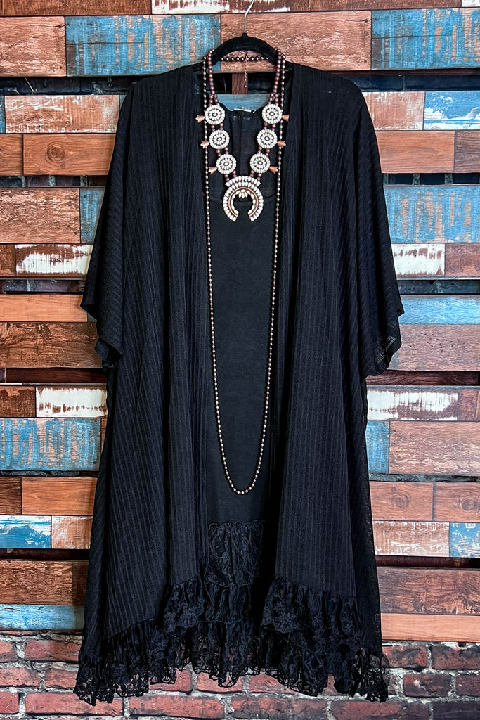 ALWAYS PRETTY BLACK LACE RUFFLE EMBELLISHED KIMONO