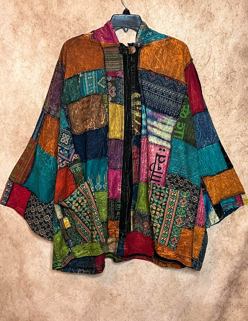 Light Spirit Patchwork Swing Hooded Kimono Jacket in Multi-Color