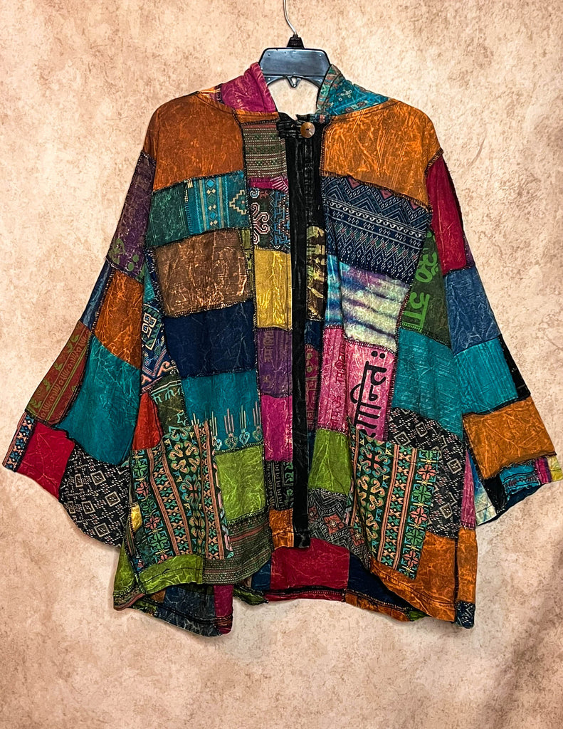 Light Spirit Patchwork Swing Hooded Kimono Jacket in Multi-Color