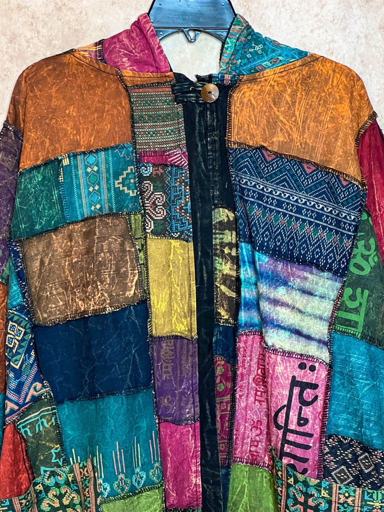 Light Spirit Patchwork Swing Hooded Kimono Jacket in Multi-Color