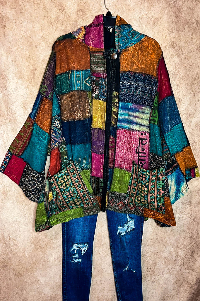 Light Spirit Patchwork Swing Hooded Kimono Jacket in Multi-Color