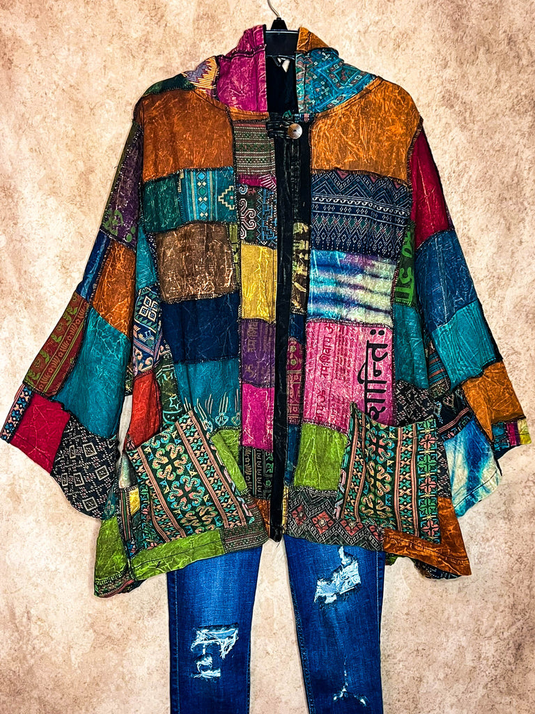 Light Spirit Patchwork Swing Hooded Kimono Jacket in Multi-Color