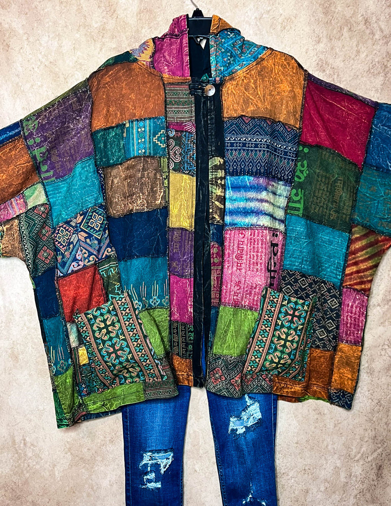 Light Spirit Patchwork Swing Hooded Kimono Jacket in Multi-Color