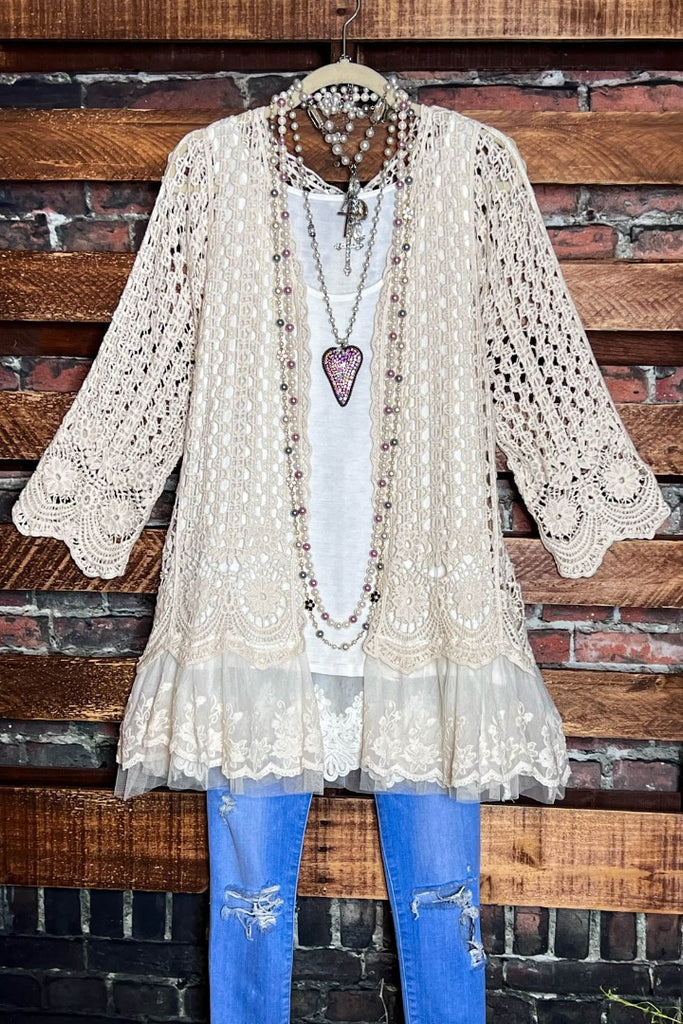 INSPIRED BY ENCHANTING BEIGE LACE & CROCHET CARDIGAN