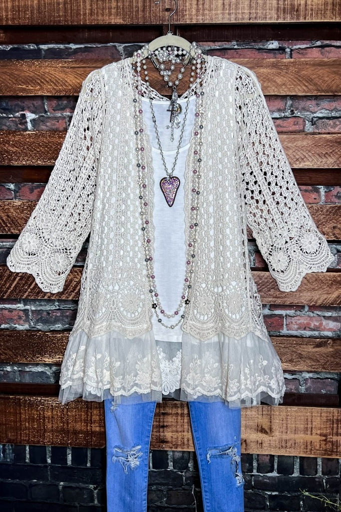 INSPIRED BY ENCHANTING BEIGE LACE & CROCHET CARDIGAN