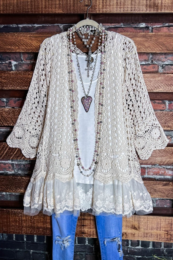 INSPIRED BY ENCHANTING BEIGE LACE & CROCHET CARDIGAN