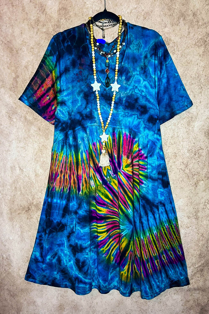 ALL FOR THE BEST TIE DYE DRESS IN TEAL & MULTI-COLOR