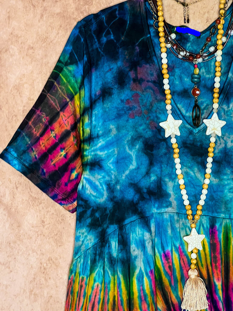 ALL FOR THE BEST TIE DYE DRESS IN TEAL & MULTI-COLOR