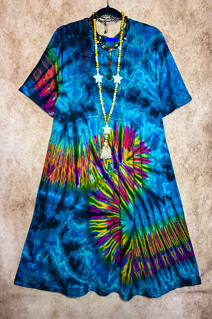 ALL FOR THE BEST TIE DYE DRESS IN TEAL & MULTI-COLOR