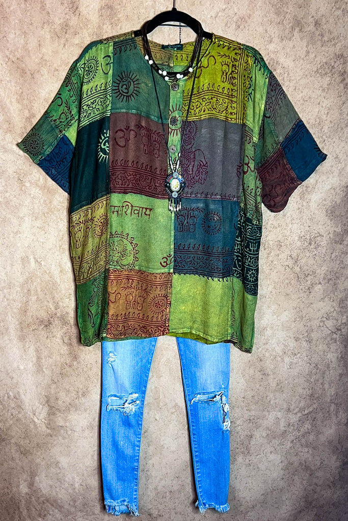 GENUINE SOUL PEASANT GREEN & MULTI-COLOR PATCHWORK TOP------SALE