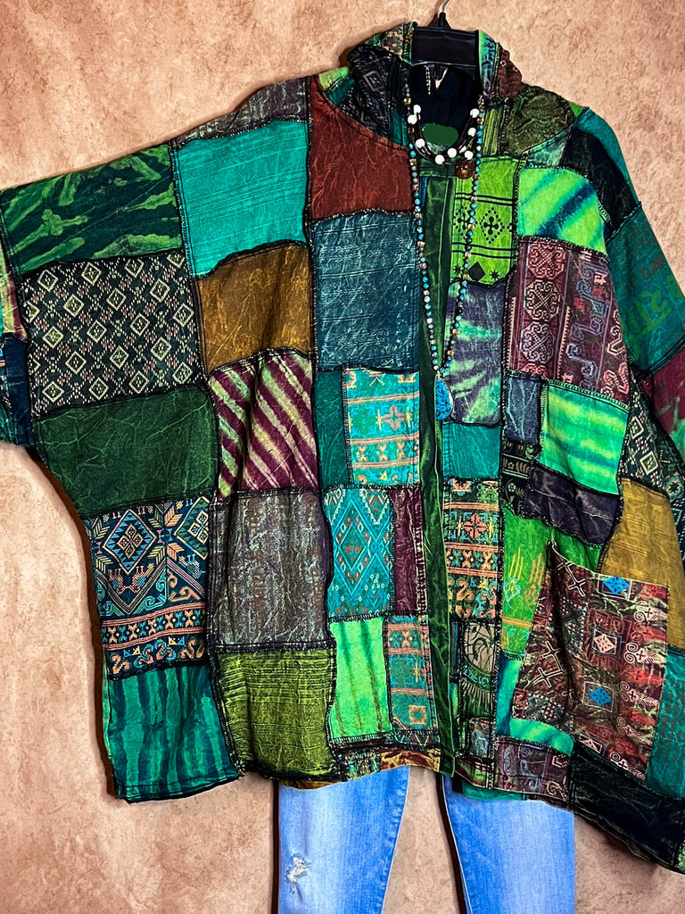 Light Spirit Patchwork Swing Hooded Kimono Jacket Green & Multi-Color