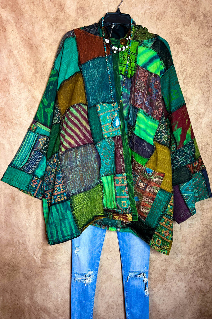 Light Spirit Patchwork Swing Hooded Kimono Jacket Green & Multi-Color