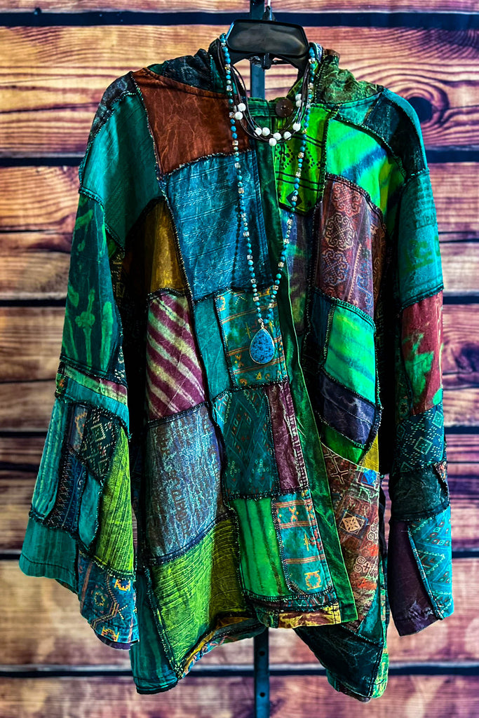 Light Spirit Patchwork Swing Hooded Kimono Jacket Green & Multi-Color