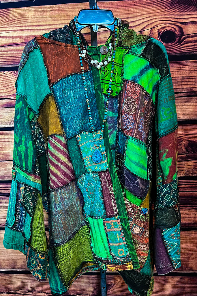 Light Spirit Patchwork Swing Hooded Kimono Jacket Green & Multi-Color