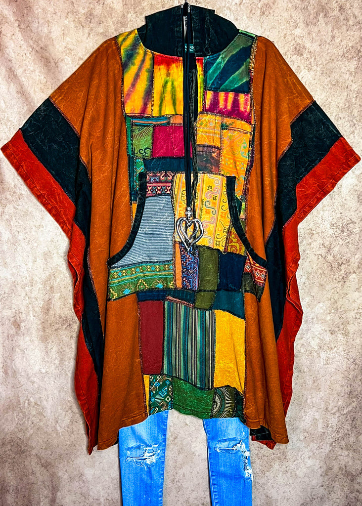 BOHO SEA SHORE PATCHWORK COTTON HOODIE PONCHO DRESS COVER UP MULTI-COLOR