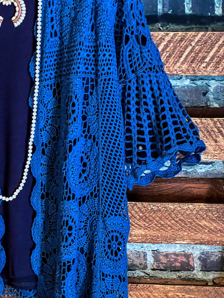 MADE TO PERFECTION NAVY BLUE CROCHET CARDIGAN