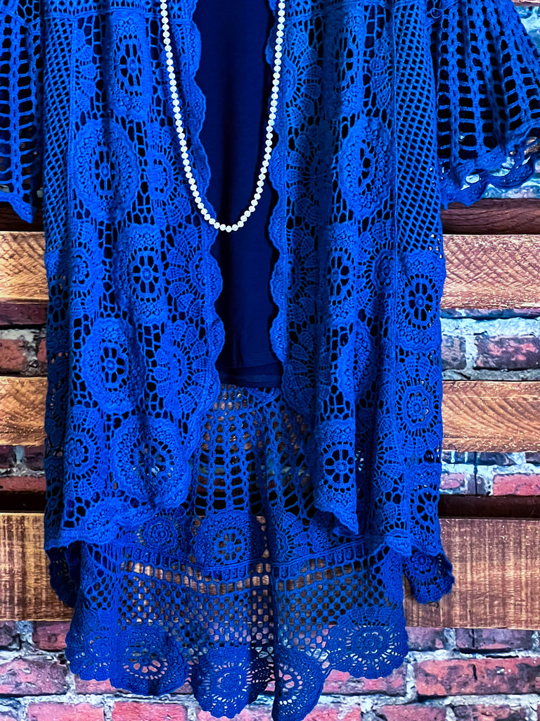 MADE TO PERFECTION NAVY BLUE CROCHET CARDIGAN