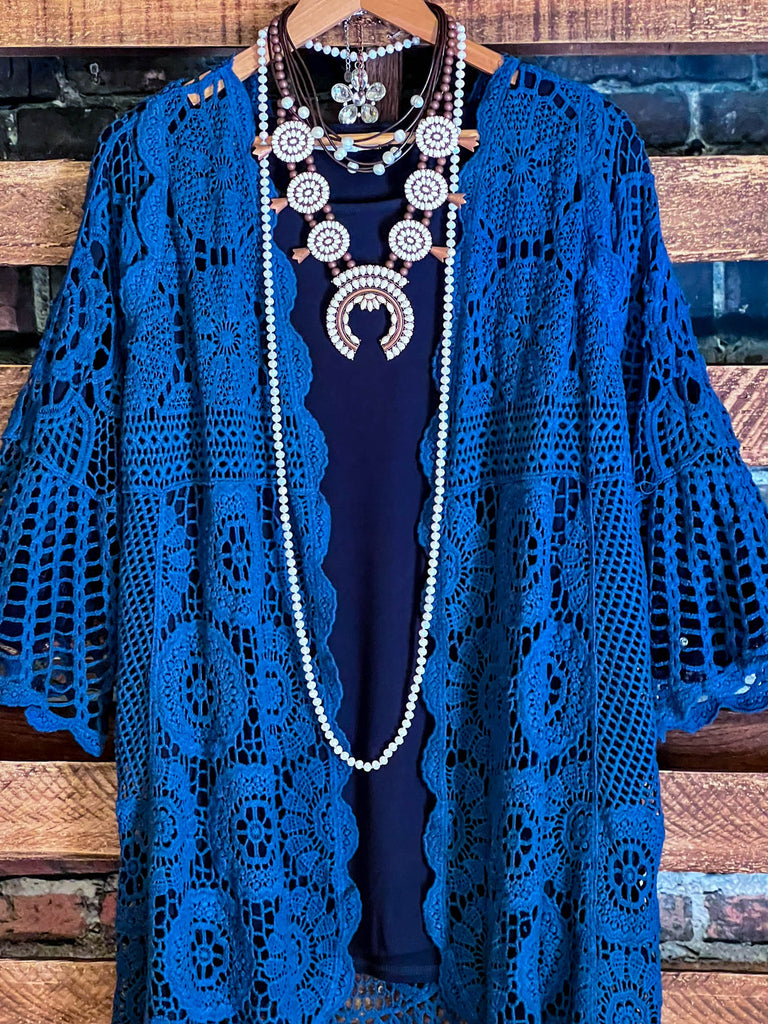 MADE TO PERFECTION NAVY BLUE CROCHET CARDIGAN