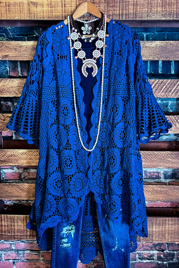 MADE TO PERFECTION NAVY BLUE CROCHET CARDIGAN