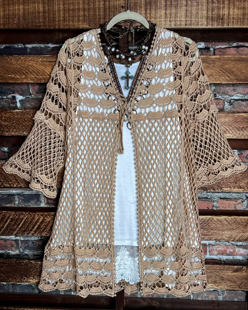 TIMELESS TREASURES BOHEMIAN CROCHET CARDIGAN IN TAUPE