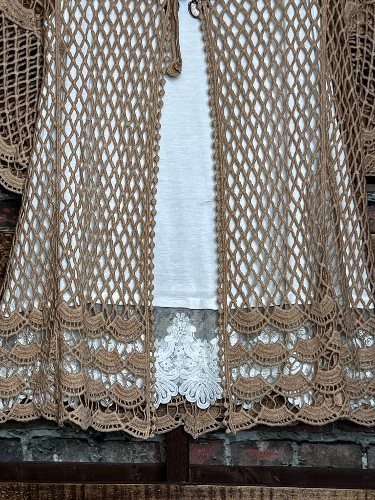 TIMELESS TREASURES BOHEMIAN CROCHET CARDIGAN IN TAUPE