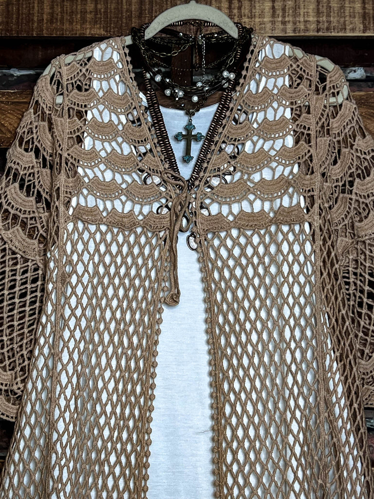 TIMELESS TREASURES BOHEMIAN CROCHET CARDIGAN IN TAUPE