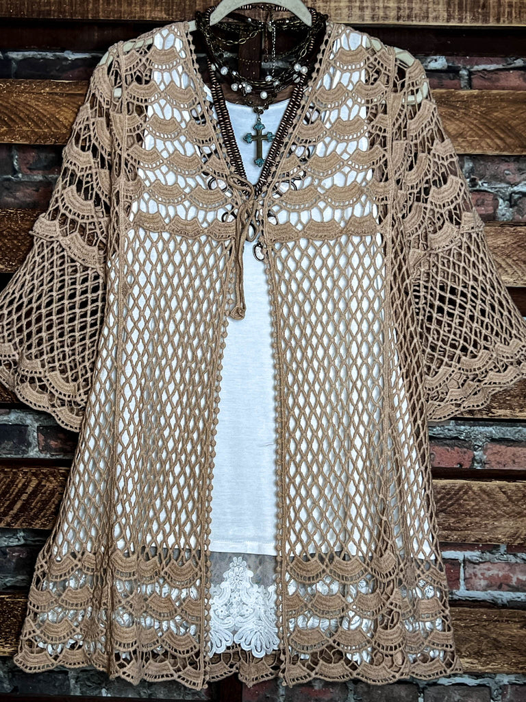 TIMELESS TREASURES BOHEMIAN CROCHET CARDIGAN IN TAUPE