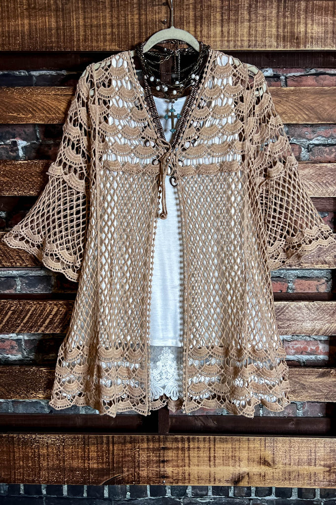 TIMELESS TREASURES BOHEMIAN CROCHET CARDIGAN IN TAUPE