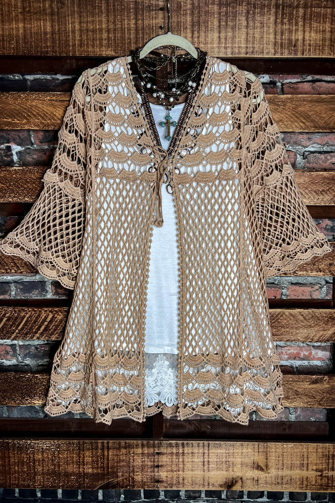 TIMELESS TREASURES BOHEMIAN CROCHET CARDIGAN IN TAUPE