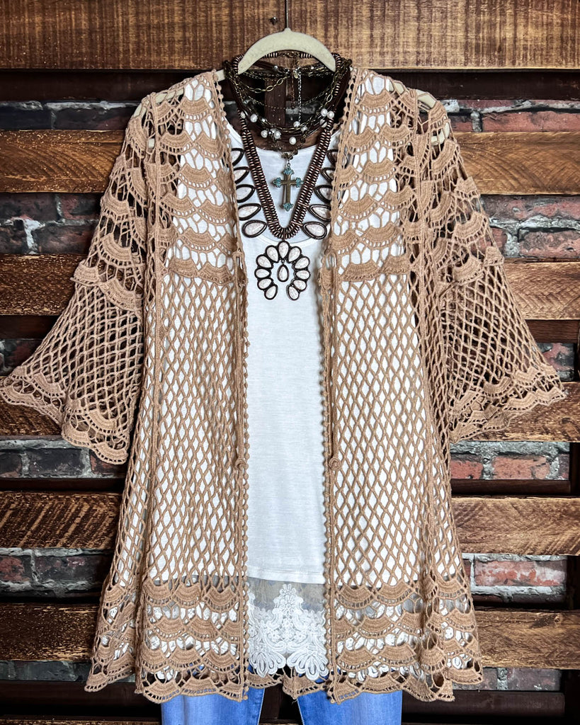 TIMELESS TREASURES BOHEMIAN CROCHET CARDIGAN IN TAUPE