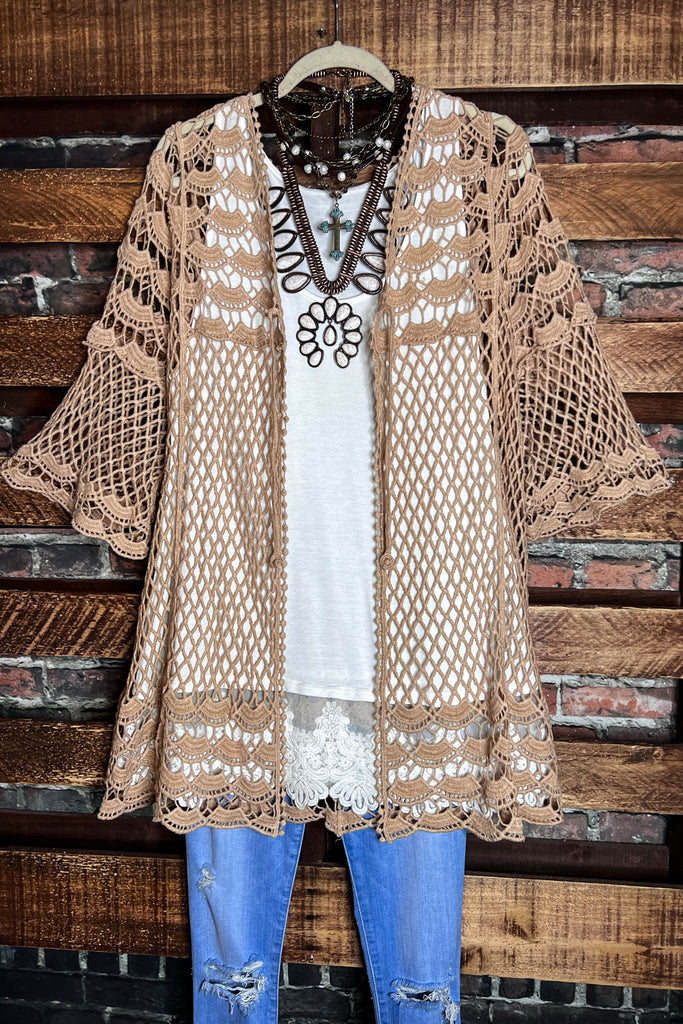 TIMELESS TREASURES BOHEMIAN CROCHET CARDIGAN IN TAUPE