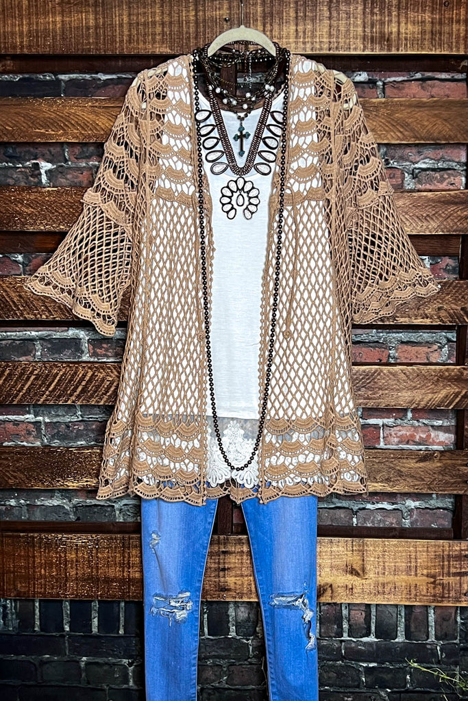 TIMELESS TREASURES BOHEMIAN CROCHET CARDIGAN IN TAUPE