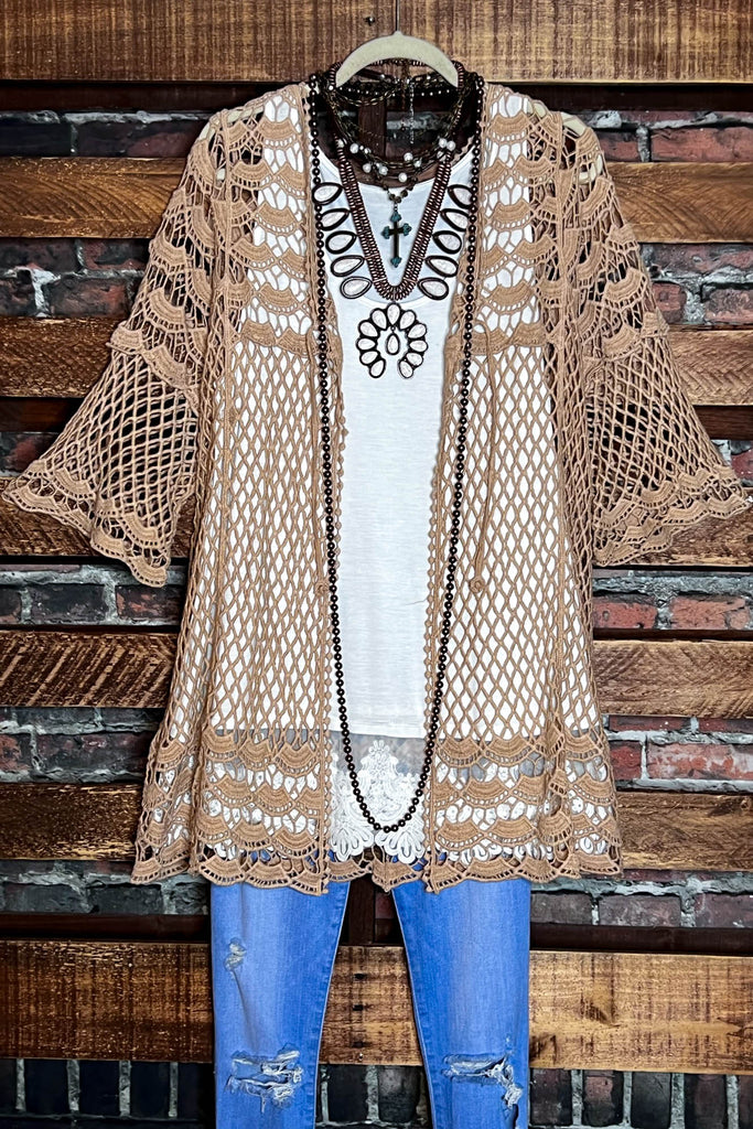 TIMELESS TREASURES BOHEMIAN CROCHET CARDIGAN IN TAUPE