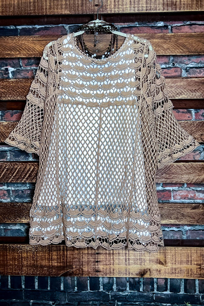 TIMELESS TREASURES BOHEMIAN CROCHET CARDIGAN IN TAUPE