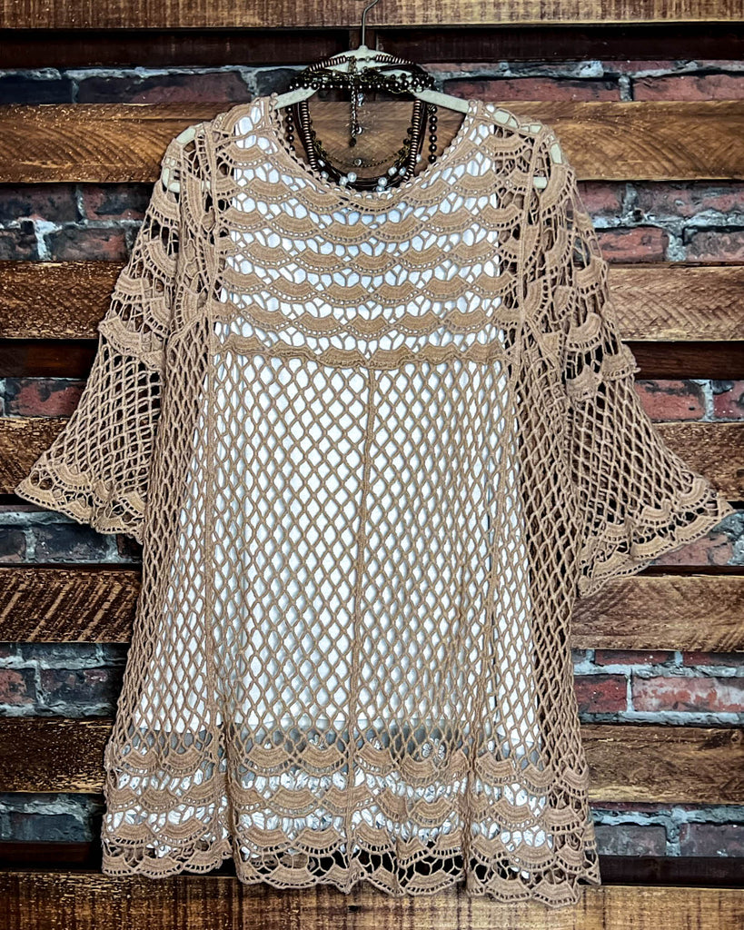 TIMELESS TREASURES BOHEMIAN CROCHET CARDIGAN IN TAUPE