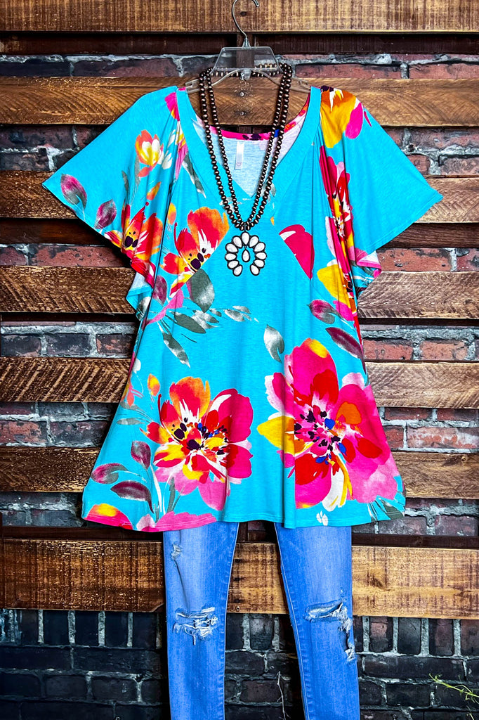 PARADISE COAST ESCAPE TOP IN AQUA & MULTI-COLOR