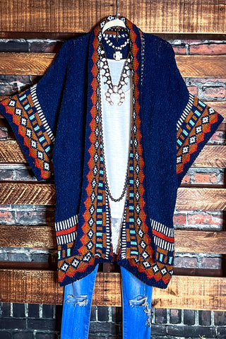 MADE TO PERFECTION NAVY BLUE CROCHET CARDIGAN